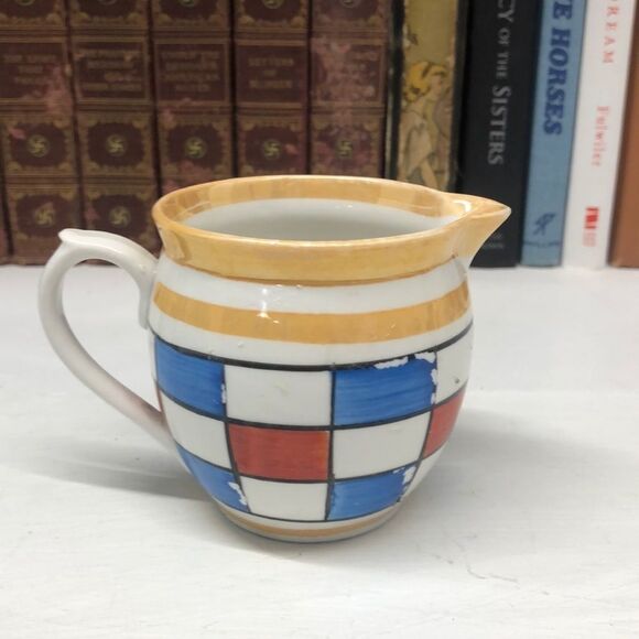 VINTAGE Czechoslovakia Pottery Creamer with Blue and Red Checks Art Deco 0415 - Picture 2 of 6